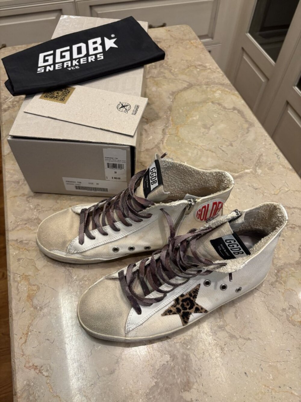 GOLDEN GOOSE FRANCY HIGH TOP SNEAKERS - Size 9B/39EU - White Canvas/Camo Laces - Picture 3 of 5